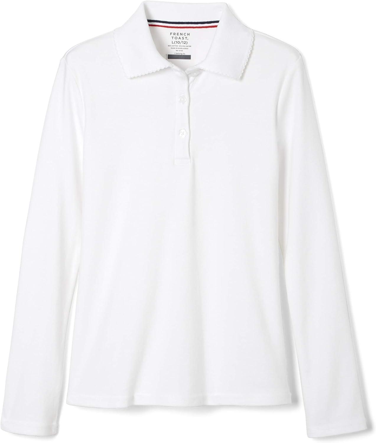 French Toast Girls’ Picot Collar Polo Shirt with Long Sleeves (Kids Standard & Plus Size)(White)