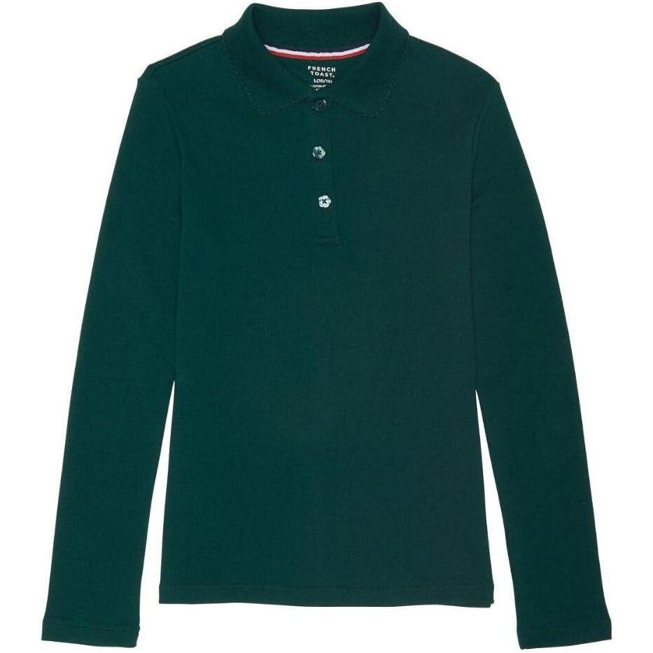 French Toast Girls’ Picot Collar Polo Shirt with Long Sleeves (Kids Standard & Plus Size)(Hunter)