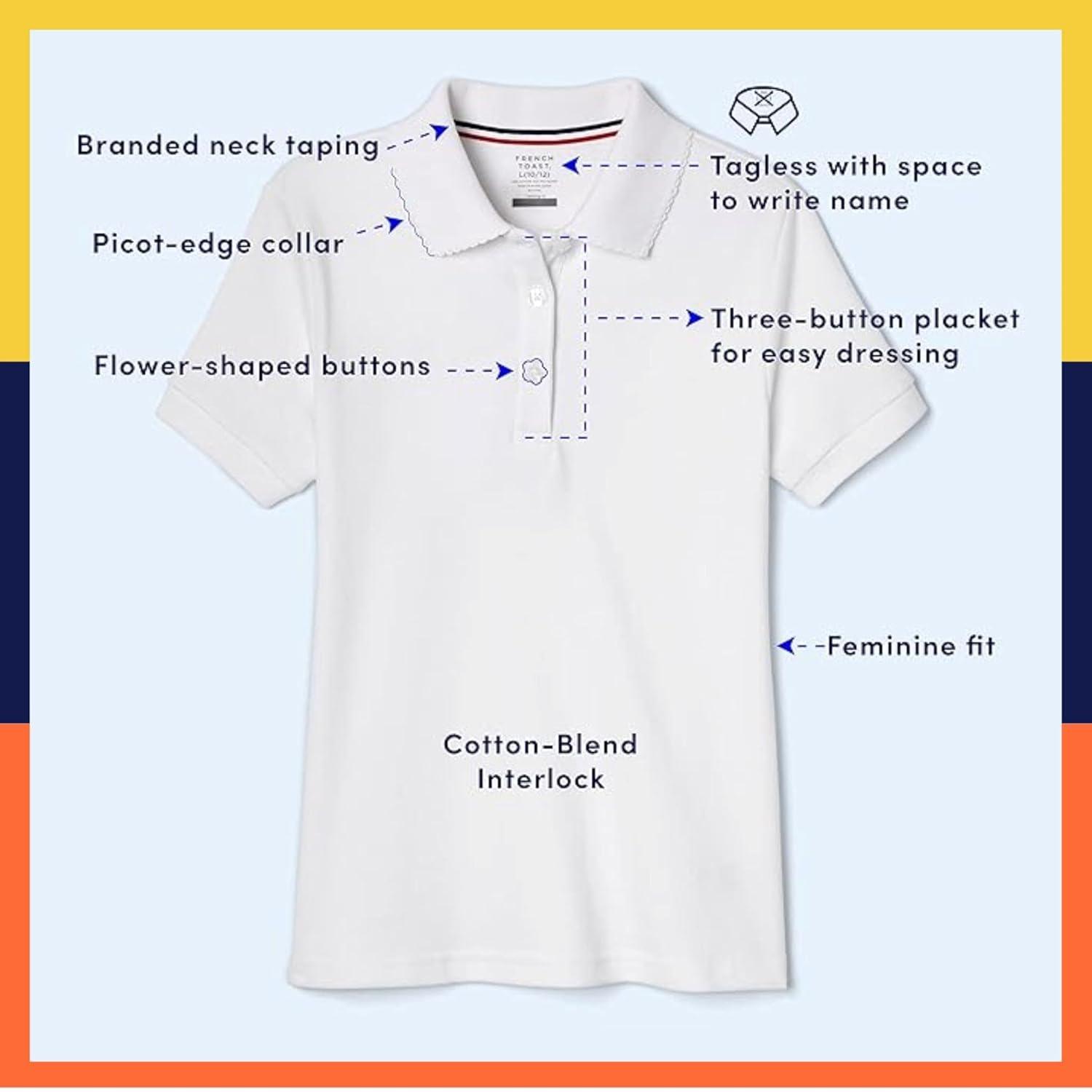 French Toast Girls’ Short Sleeve Picot Collar Polo School Uniform Shirt (Standard and Plus)(White Og)
