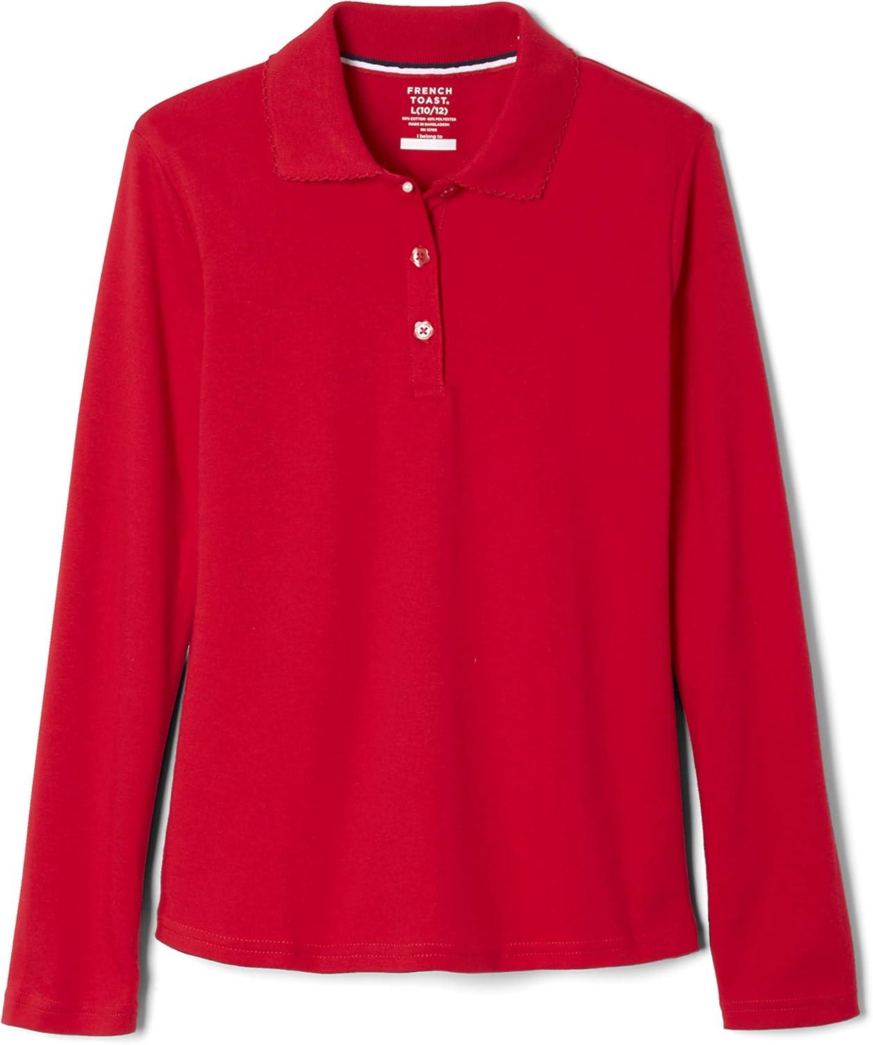 French Toast Girls’ Picot Collar Polo Shirt with Long Sleeves (Kids Standard & Plus Size)(Red)