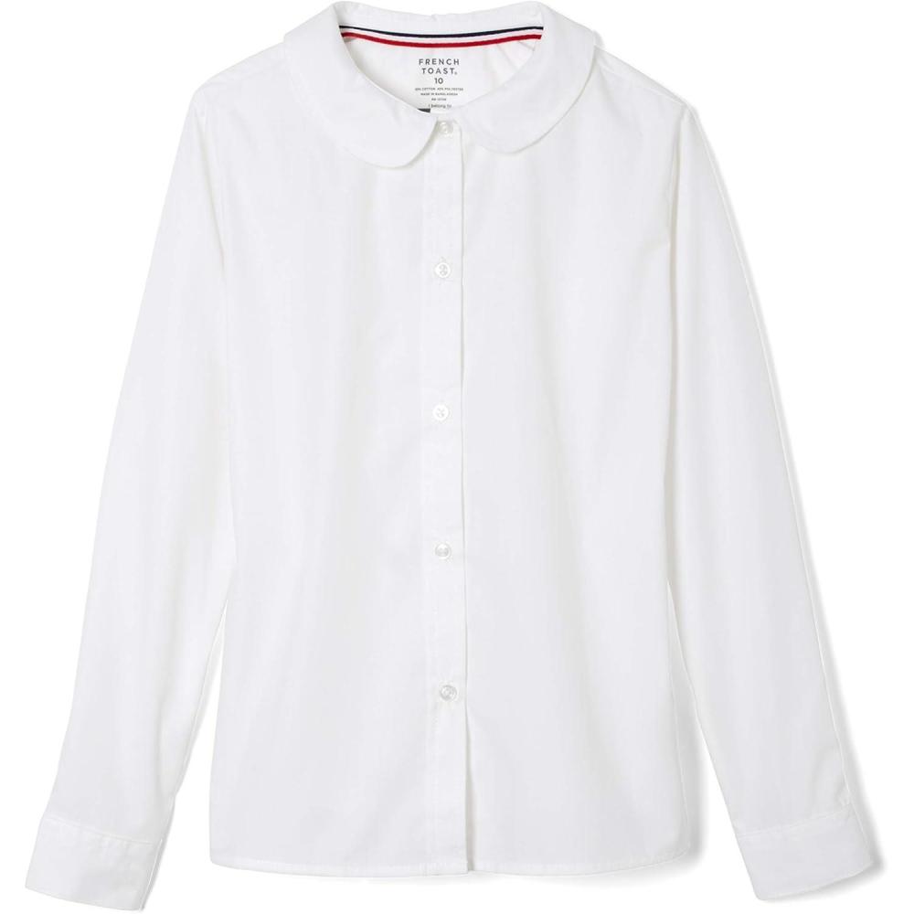 French Toast Girls Long Sleeve Woven Shirt with Peter Pan Collar (Standard & Plus)(White)
