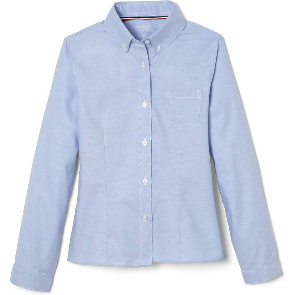 French Toast Girls’ Fitted Wrinkle-Resistant Long Sleeve Oxford Shirt(Light Blue)