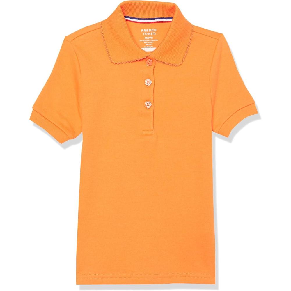 French Toast Girls’ Short Sleeve Picot Collar Polo School Uniform Shirt (Standard and Plus)(Sun Orange)