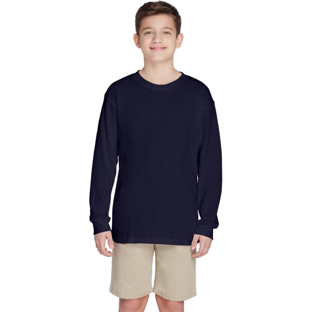 French Toast Boys Long Sleeve Thermal Waffle Tee T-Shirt White(Navy Blue)