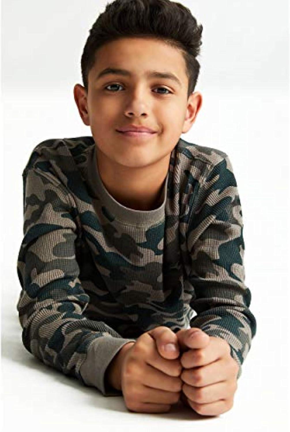 French Toast Boys Long Sleeve Thermal Waffle Tee T-Shirt White(Green Camo)
