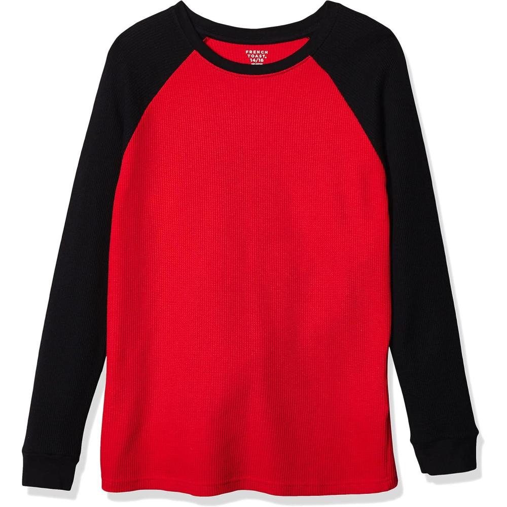 French Toast Boys Long Sleeve Thermal Waffle Tee T-Shirt White(Red Raglan)