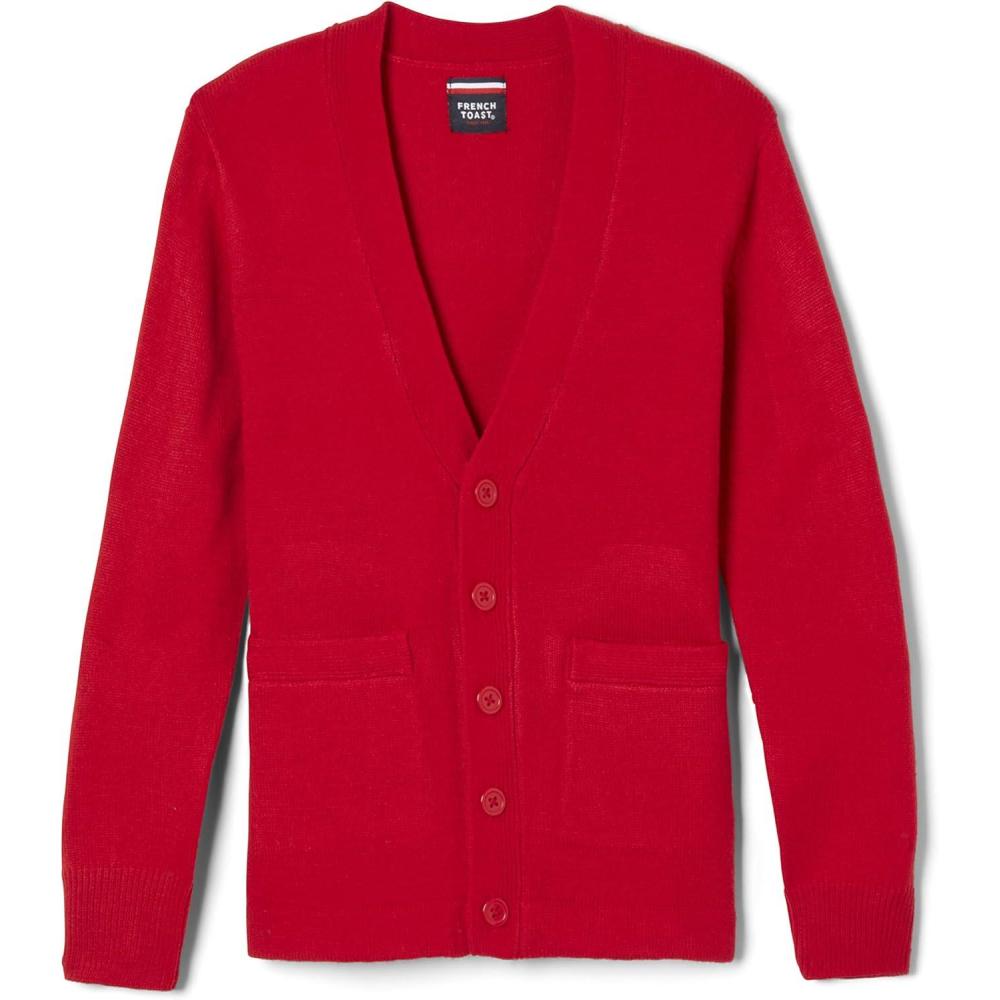 French Toast Unisex Anti-pill V-neck (Standard & Husky) School Uniform Cardigan Sweater(Red)