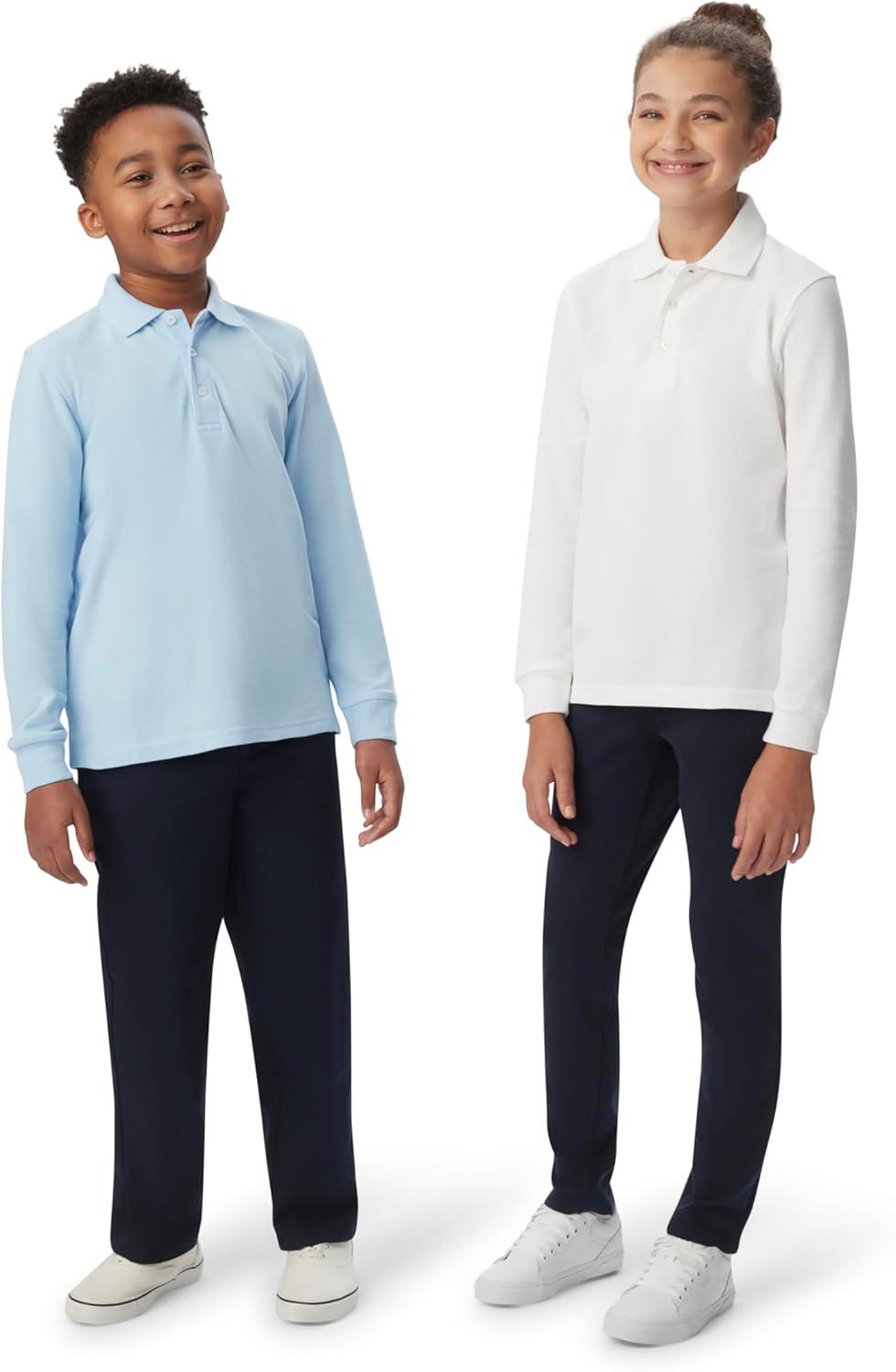 French Toast Boys Pique Polo School Uniform Shirt with Long Sleeves for Boys and Girls(Light Blue)