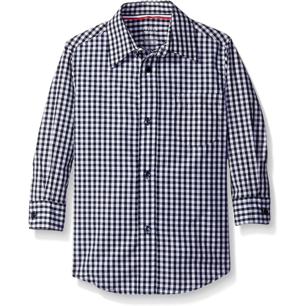 French Toast Boys’ Expandable Collar Button Down Dress Shirt with Long Sleeves (Standard & Husky)(Navy/White Gingham)