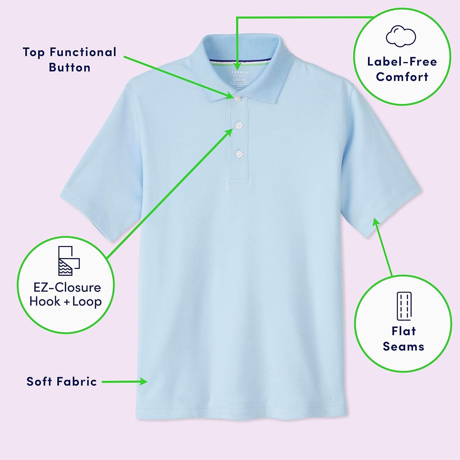 French Toast Adaptive Short Sleeve Polo Shirt | Hook and Loop Placket | Flat Seams(Light Blue (New))