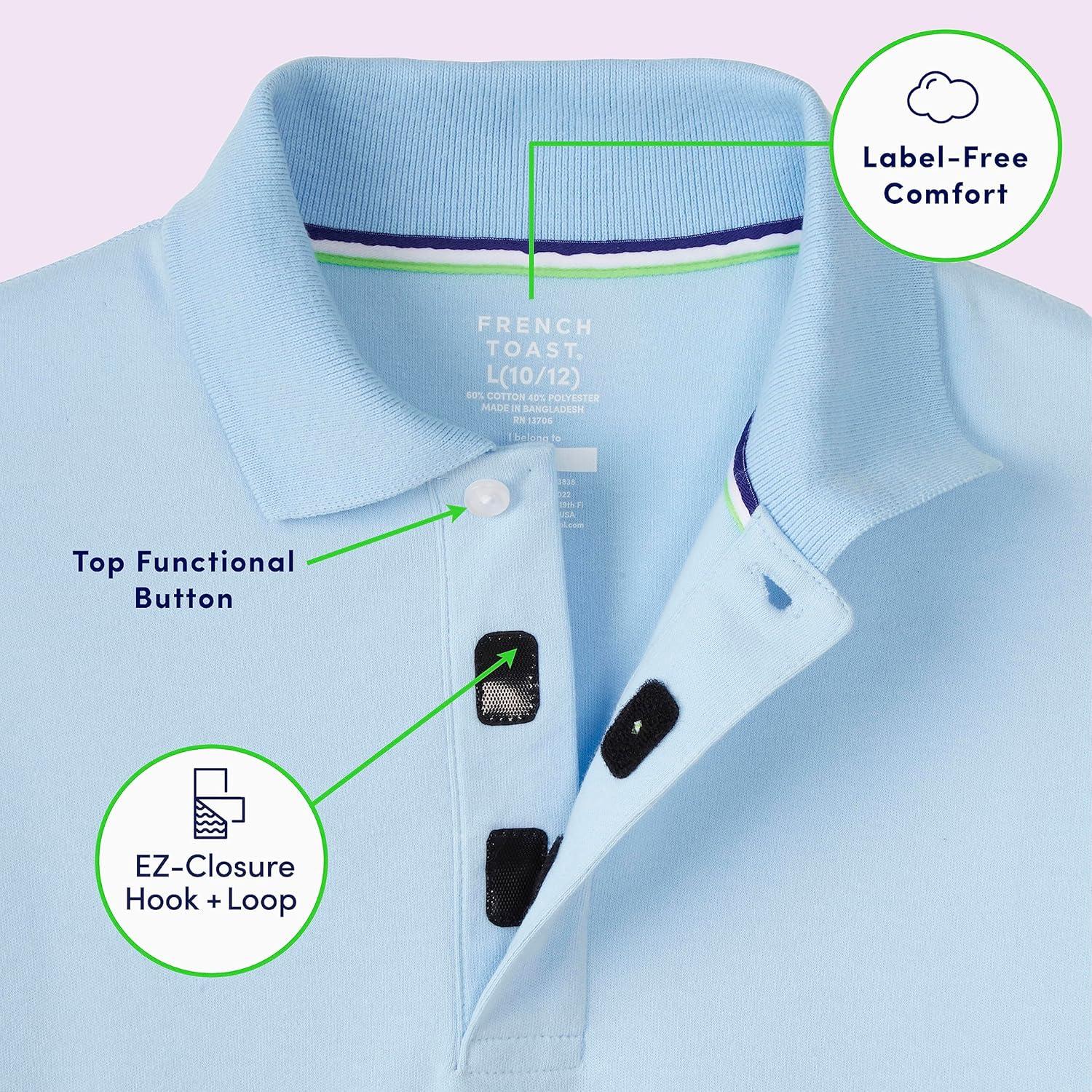 French Toast Adaptive Short Sleeve Polo Shirt | Hook and Loop Placket | Flat Seams(Light Blue (New))