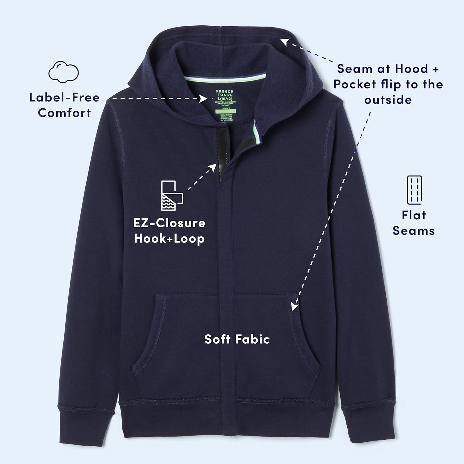 French Toast Unisex Child Adaptive Long Sleeve Fleece Hoodie With Flat Seams And Hidden Hook Loop Closure Sweatshirt(Navy)