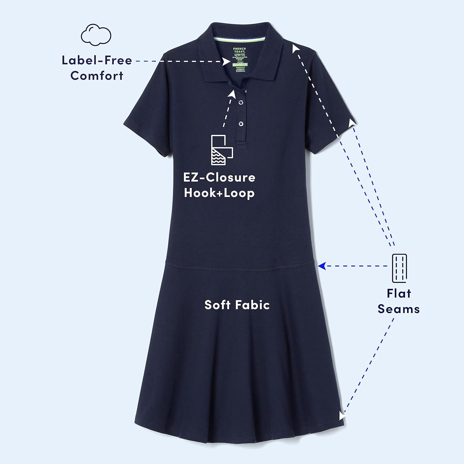 French Toast Girls Adaptive Short Sleeve Polo Dress with Hidden Hook and Loop Placket Closure(Navy)