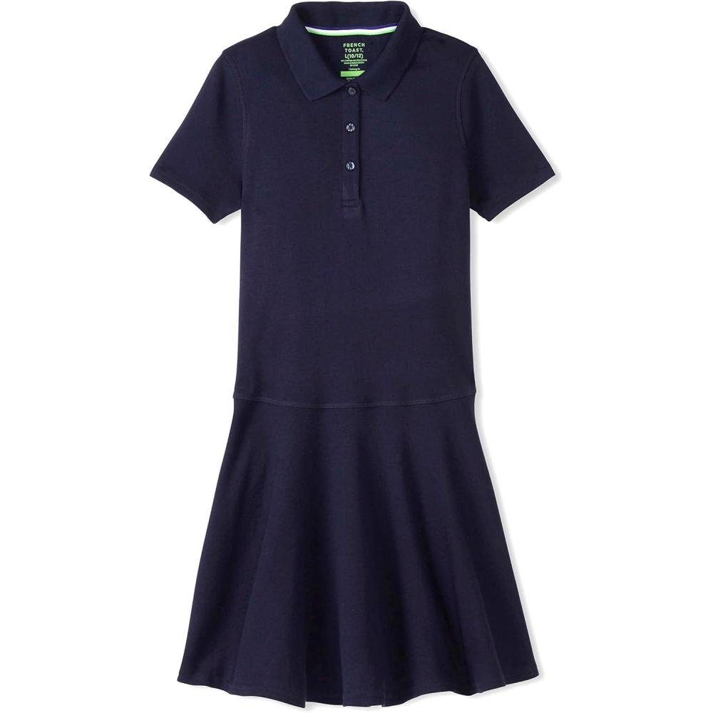 French Toast Girls Adaptive Short Sleeve Polo Dress with Hidden Hook and Loop Placket Closure(Navy (New))