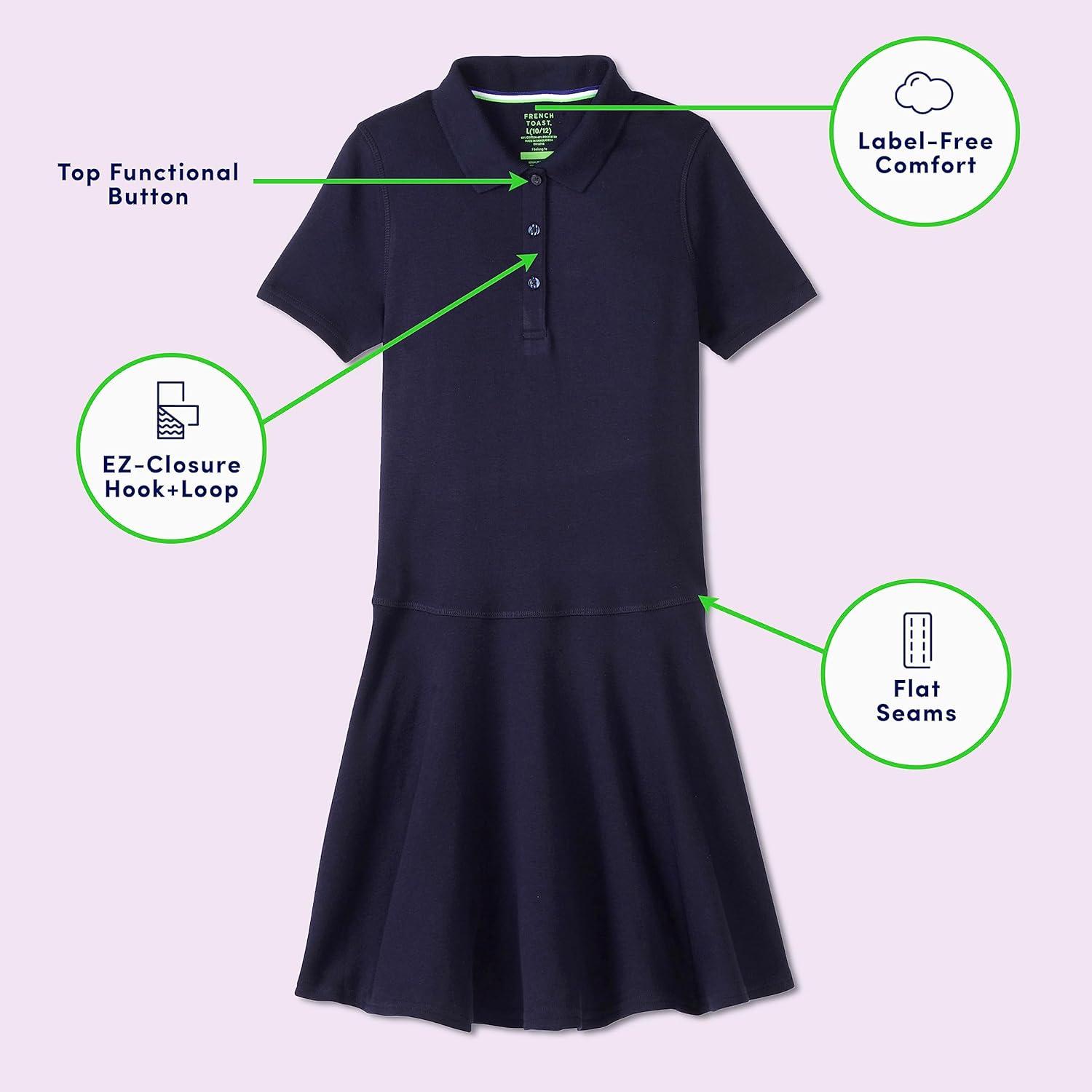French Toast Girls Adaptive Short Sleeve Polo Dress with Hidden Hook and Loop Placket Closure(Navy (New))